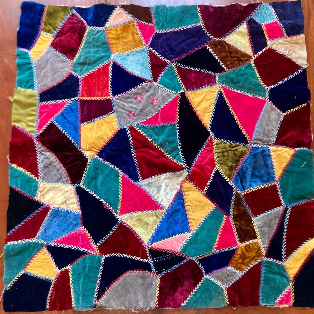 Antique Velvet Crazy Quilt 24” Square Block Muslin Backing With Embroidery